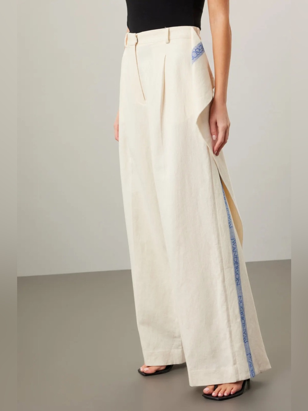 JW ANDERSON Wide Legged Linen-Cotton Pants, branded ruffle stripe,Natural,6,GUC